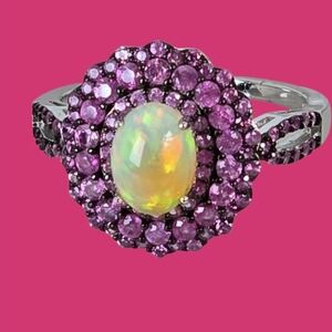 925 Sterling Silver With Natural White Opal & Pink Sapphire Gemstones.
